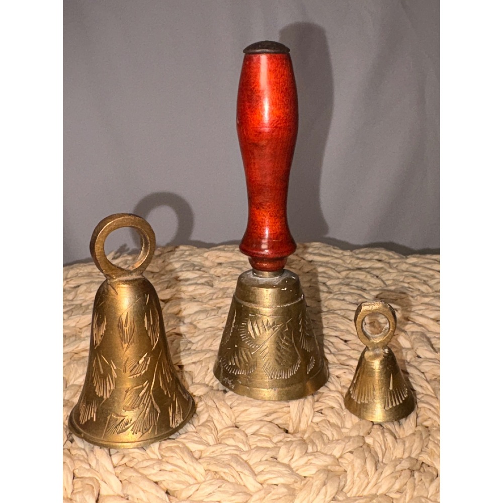 Brass Hand Bells Set of 3 Engraved Bell Wooden Handle School Dinner Bells - Picture 4 of 5